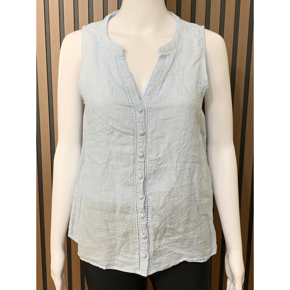 Joie Light Blue 100% Linen Sleeveless Button Front Lace Trim Blouse Top Small